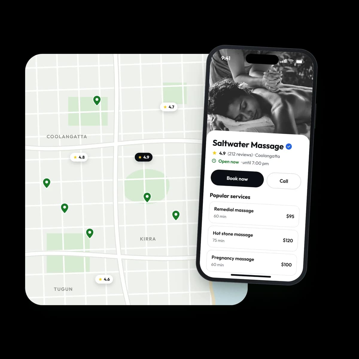 A massage venue's Resjin listing on a phone, over a map of nearby venues