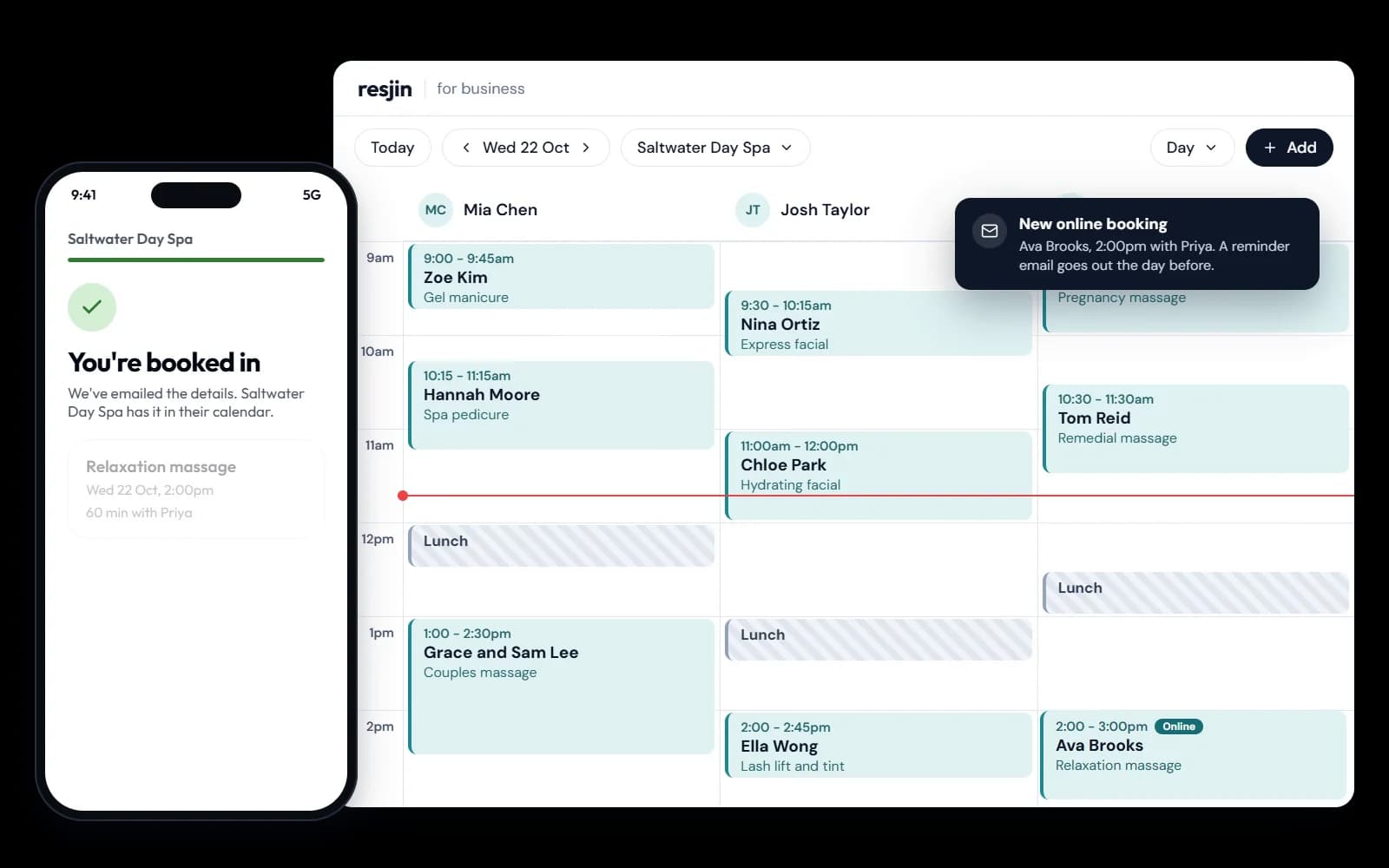 Demo of Resjin for business: a client books a massage on their phone and it appears in the team calendar, with an email reminder scheduled