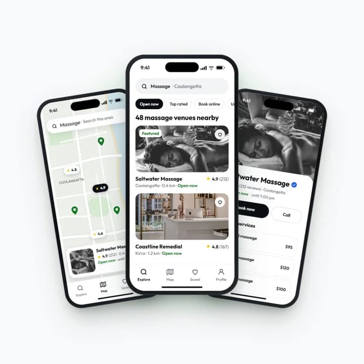 Resjin app preview: map, search results and a venue page